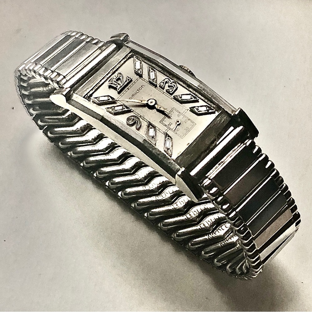 HAMILTON 1940’s 14k Art Deco Diamond Rectangular Tuxedo Watch White Gold - Picture 12 of 16